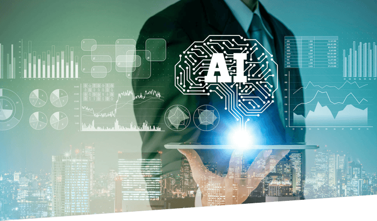 a man in a suit holding a tablet with digital graphs and the word AI overlayed.