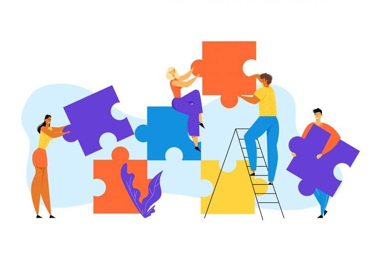 Stock photo of cartoon characters working together with puzzle pieces
